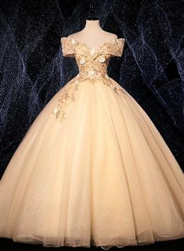 Picture of Champagne Tulle Flowers  Off Shoulder Sweet 16 Party Dresses, Long Formal Dresses, Formal Gown